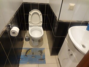 Bathroom features a toilet, sink, and blue patterned mat.