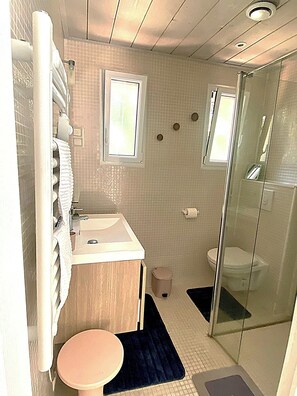 Shower, hair dryer, towels, soap