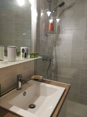 Shower, hair dryer, towels