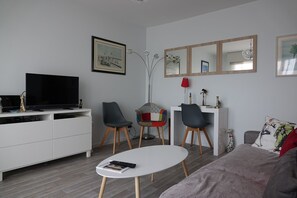 Télévision, lecteur de DVD, livres, médiathèque