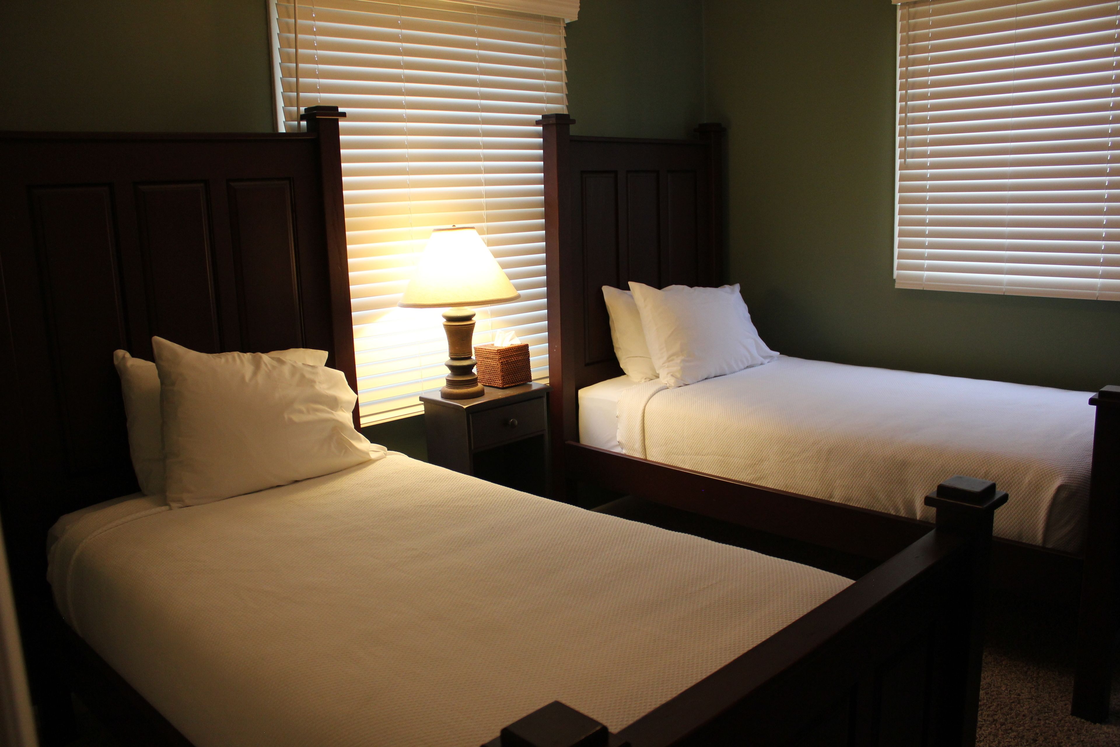 Two single beds with wooden headboards, a bedside table with a lamp, and a window with blinds.