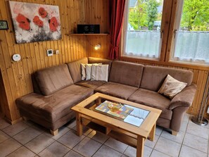 Tv, eldstad, dvd-spelare och en stereo