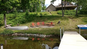 Surrounded by lush greenery, this serene lakeside setting offers a peaceful atmosphere perfect for relaxation or outdoor activities.
