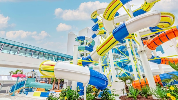A water park with multiple water slides in blue, white, and orange. - Direct Deluxe Oceanfront Suite w Great View + Official On-Site Rental Privileges (Myrtle Beach)