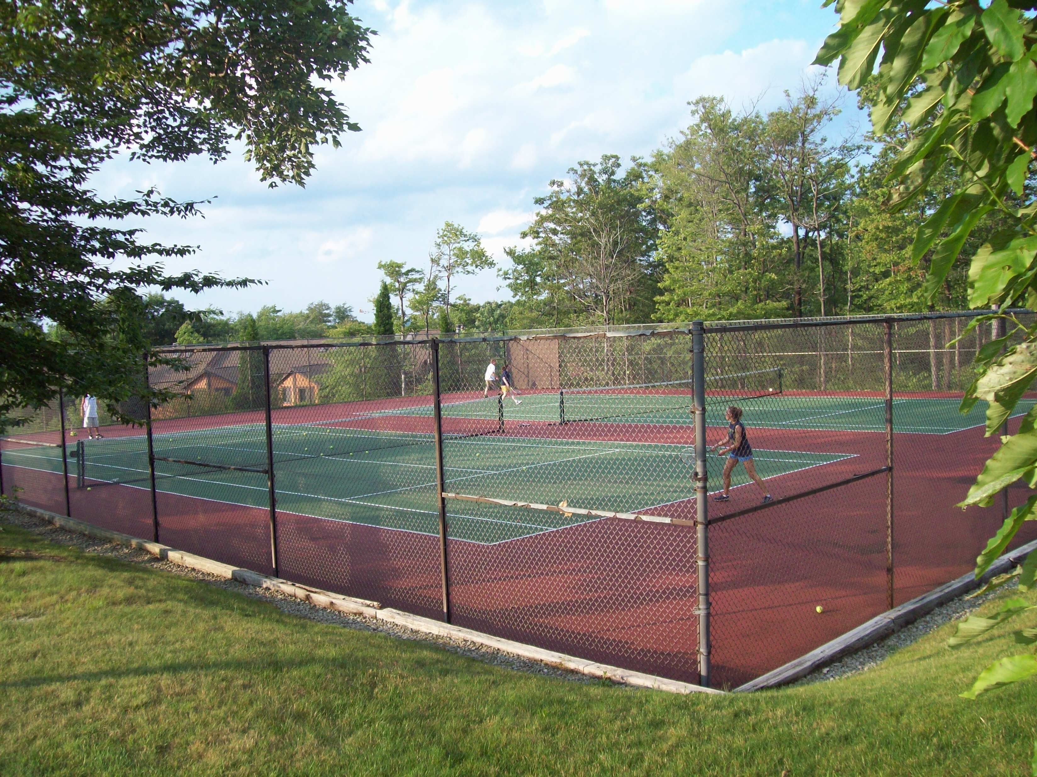 Een tennisbaan met hekken, omringd door gras en bomen.