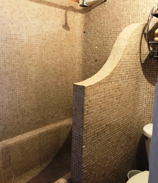 A bathroom with mosaic tile walls, a shower area, and a toilet. - Spacious bright tiled 2 bedroom with Ocean View (Cerro)