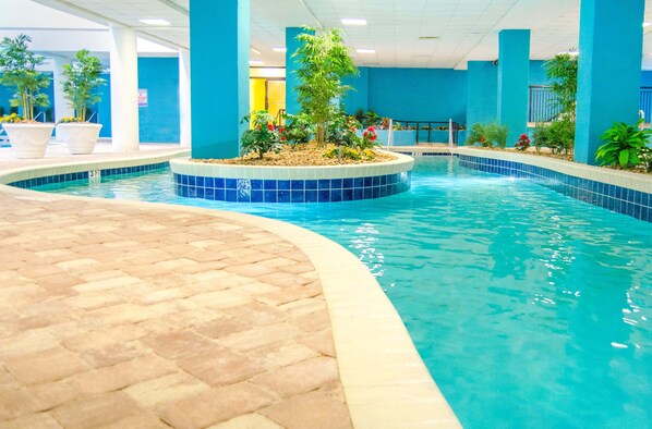 An indoor swimming pool with a tiled edge, surrounded by blue walls and potted plants.