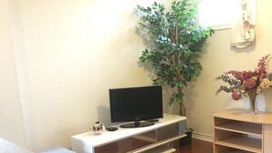 Une pièce avec un lit, un téléviseur posé sur un meuble, une plante et une étagère ornée de fleurs.