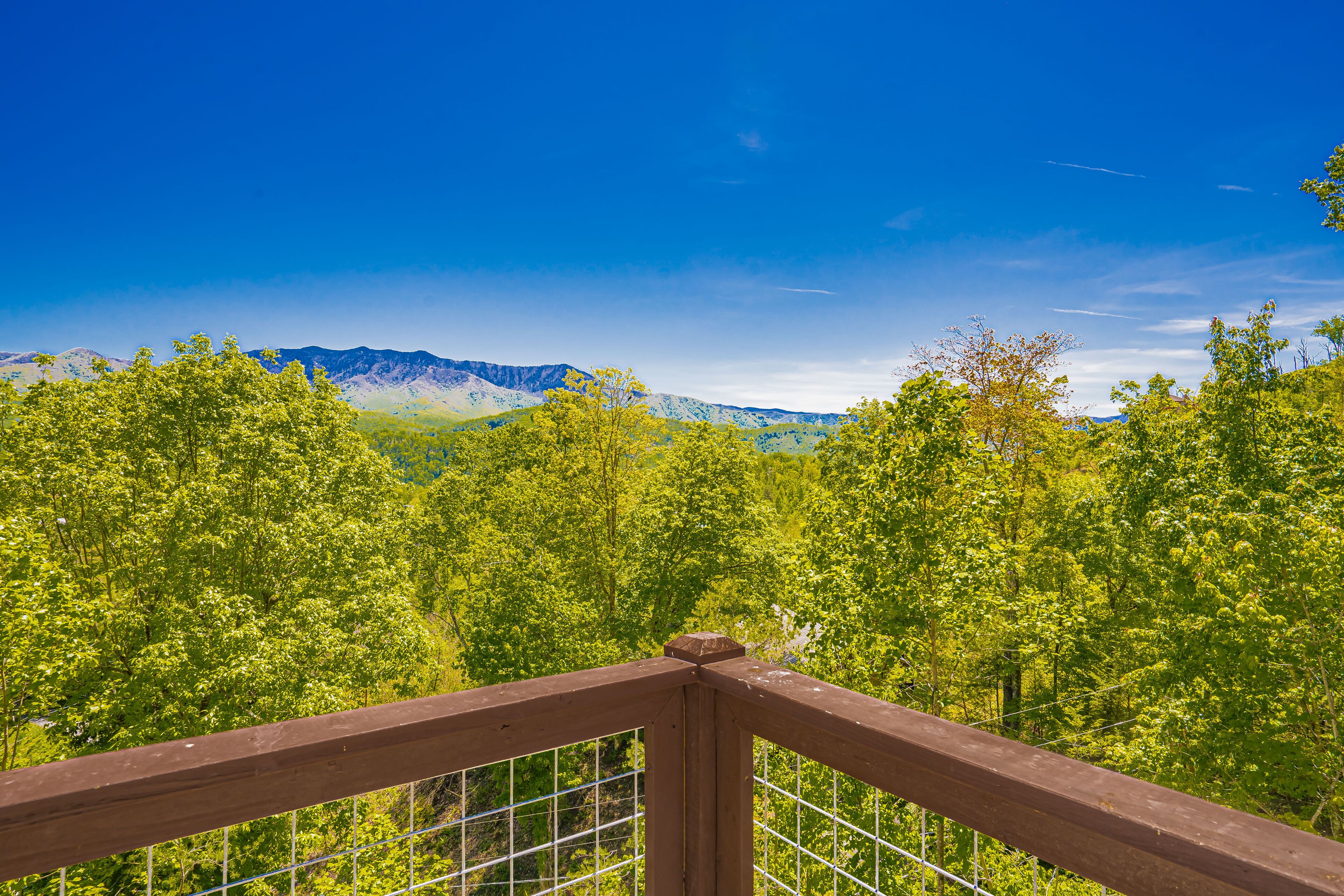 A wooden railing with a view of green trees and mountains in the distance.