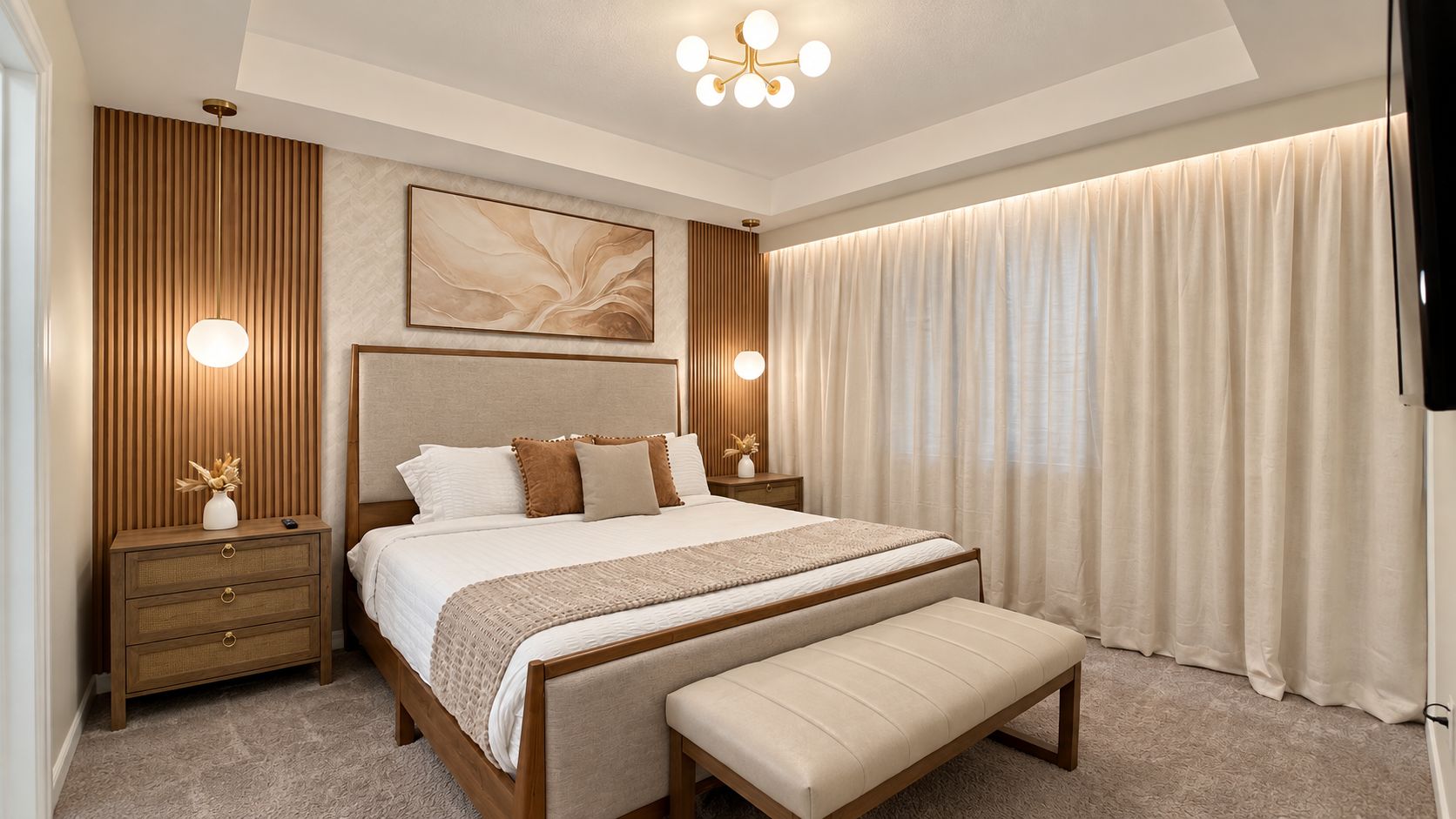 Ein Schlafzimmer mit einem großen Bett, Nachttischen, einer Bank und einer Deckenleuchte.