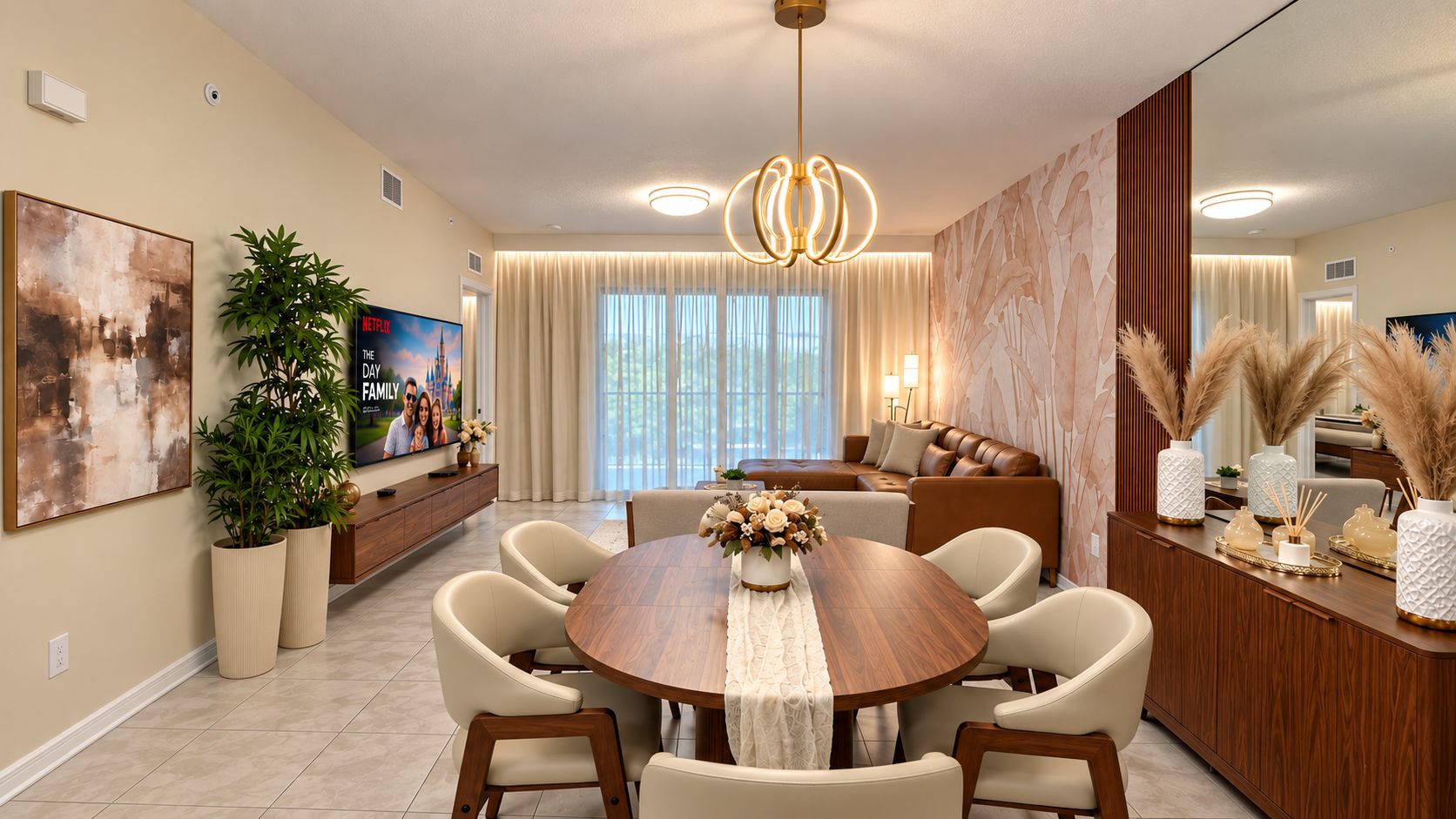Un comedor moderno con una mesa redonda, sillas y un televisor montado en la pared.