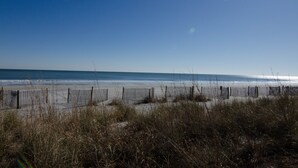 Ein Strand mit Holzzaun und hohem Gras im Vordergrund.
