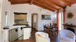Amplia sala de estar con techo de madera alto, chimenea y comedor con mesa y sillas.