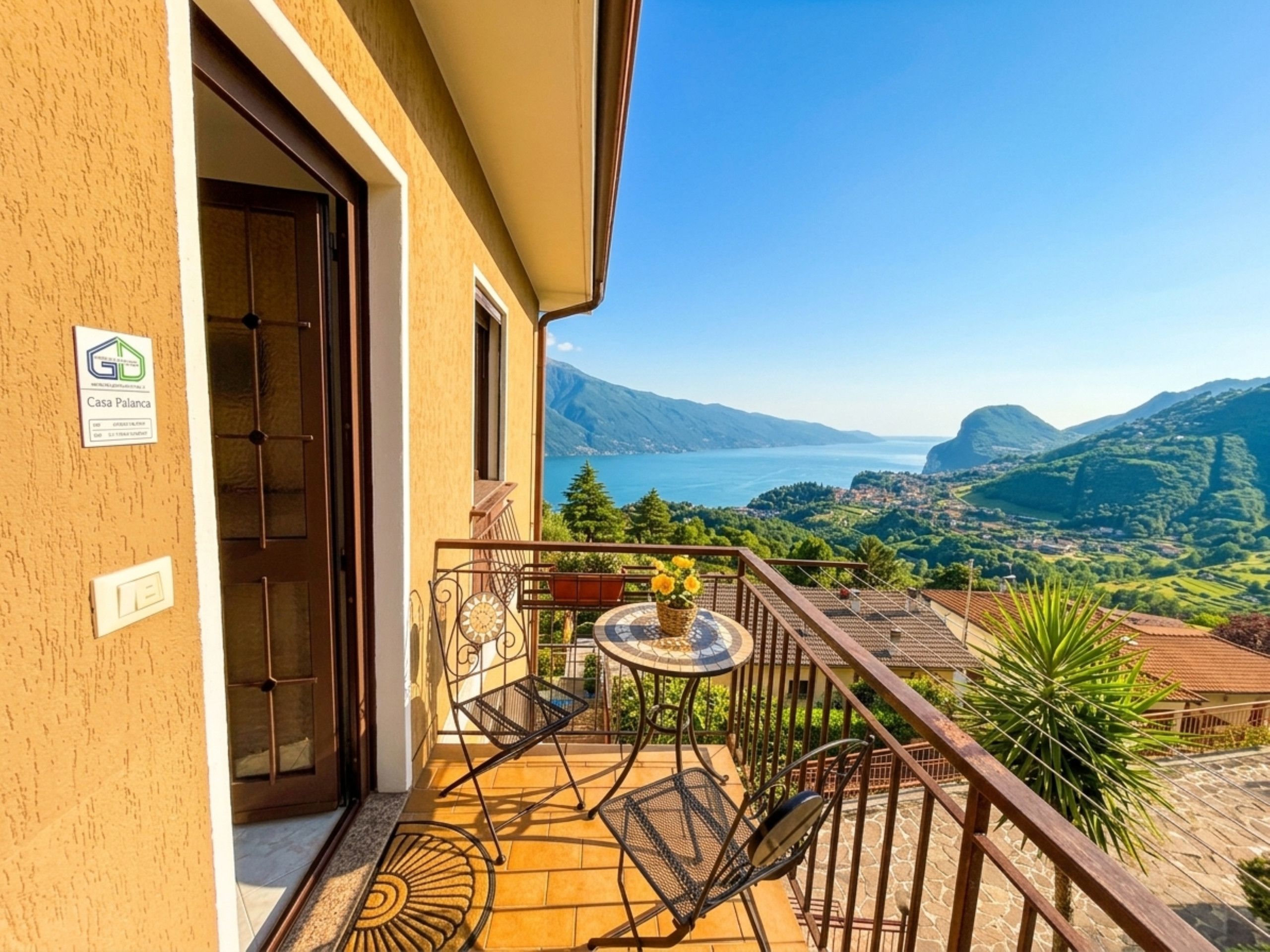 A balcony with a view of a lake and mountains, a table with chairs, and a sign indicating 'Casa Palanca.'