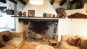 A cozy living room with a fireplace, two sofas, a coffee table, and various decorative items on shelves.