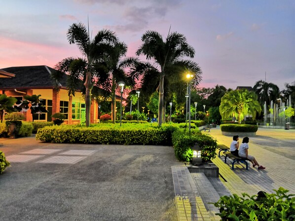 A well-maintained outdoor area with a paved walkway, benches, and palm trees.