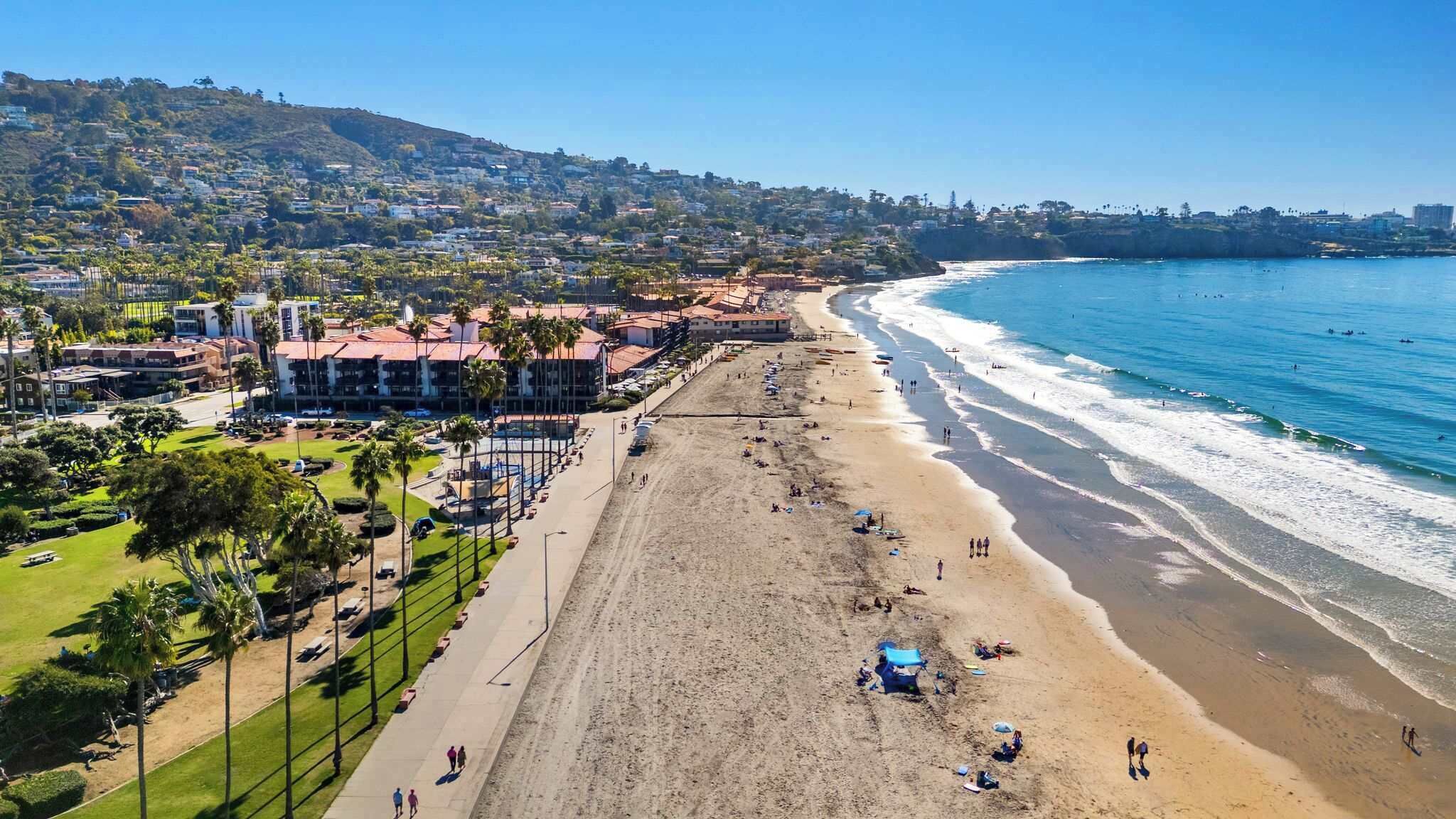 A coastal beach with a long promenade lined with palm trees and buildings.
