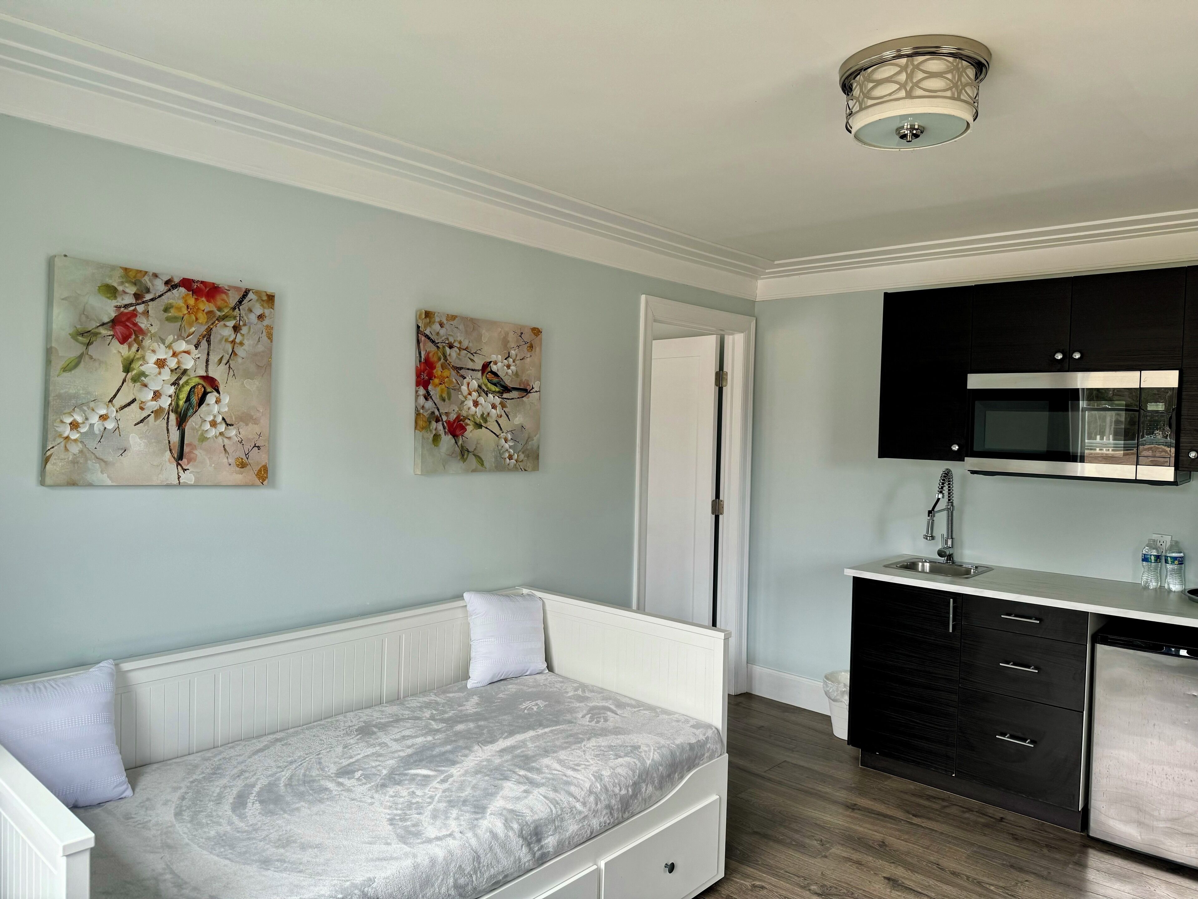 Quarto moderno com sofá branco, pintura de pássaros em um galho, cozinha com micro-ondas e pia.