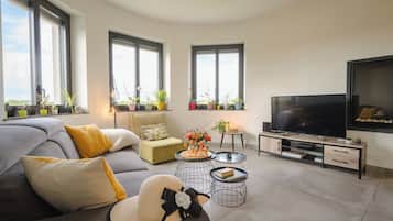 TV connectée, cheminée, lecteur de DVD, table de tennis de table