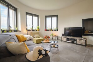 Smart TV, chimenea, reproductor de DVD y tenis de mesa 