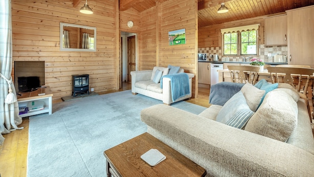 A log cabin interior with a living room, a kitchen, and a dining area.