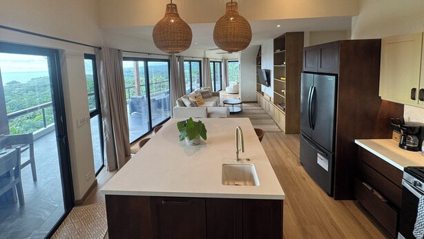 A modern kitchen with a large island, dark cabinetry, and a built-in refrigerator. - Spectacular 270 degree ocean/mountain VIEWS, very private, recently remodeled (Nosara)