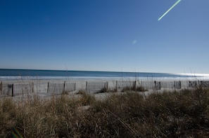 Une plage bordée d’une clôture en bois et de dunes herbeuses.