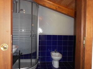 Een douche, een haardroger, een bidet, handdoeken