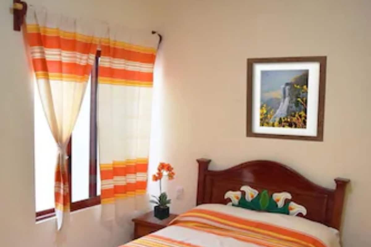 A bedroom with a bed, curtains, a nightstand, a framed picture, and a small table with a plant.