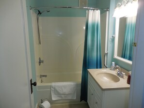 Ensemble baignoire-douche, séchoir à cheveux, serviettes fournies, savon