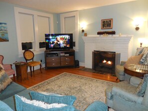 Smart TV, fireplace, DVD player, books