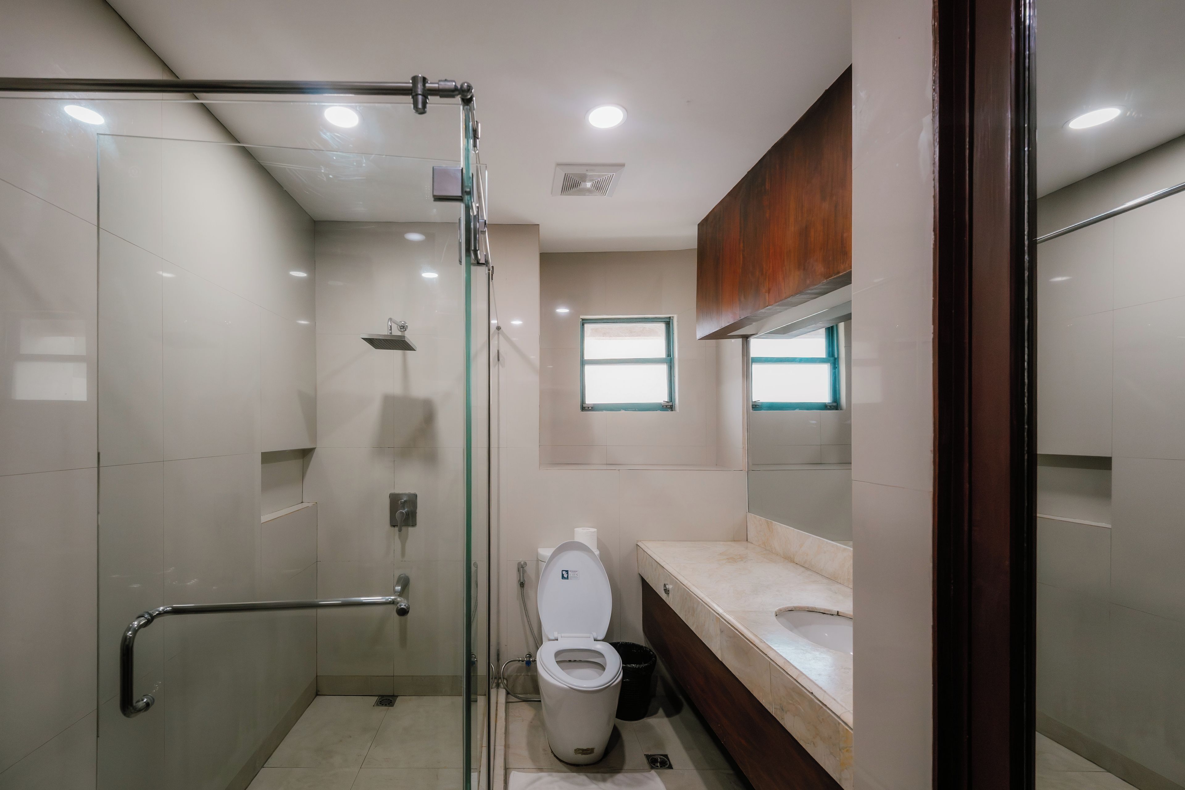 A modern bathroom with a glass-enclosed shower, a toilet, and a vanity with a mirror.