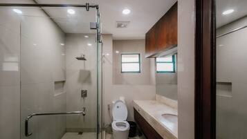 A modern bathroom with a glass-enclosed shower, a toilet, and a vanity with a mirror.