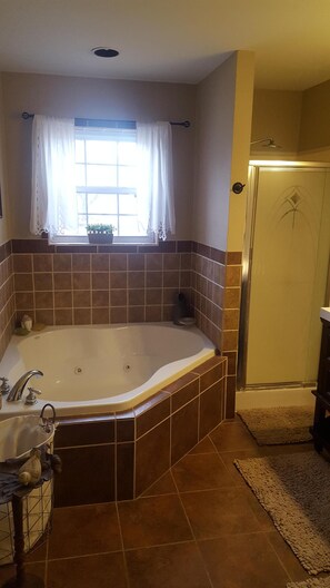 Jetted tub, bidet, towels, soap