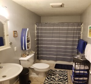 Jetted bath, bidet, towels, shampoo