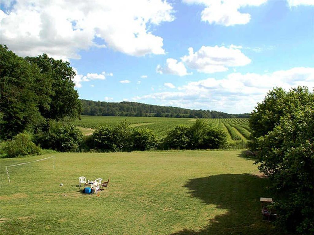 A grassy field with a soccer goal, trees, and a clear sky.