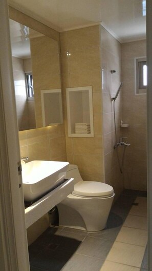 Shower, free toiletries, hair dryer, slippers