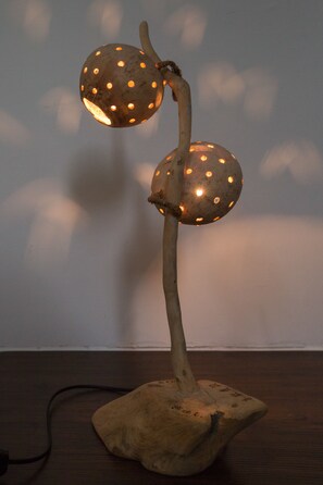 A unique mushroom-shaped floor lamp with a wooden base and two spherical lampshades. - Just Like Villa (Ji'an)