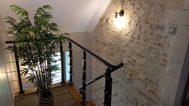 A staircase with a metal railing, a potted bamboo plant, and a textured stone wall. - "Les Vieux Poiriers" (near Taize, Cluny ..) in Bonnay 71460 (Cluniac site) (Bonnay)