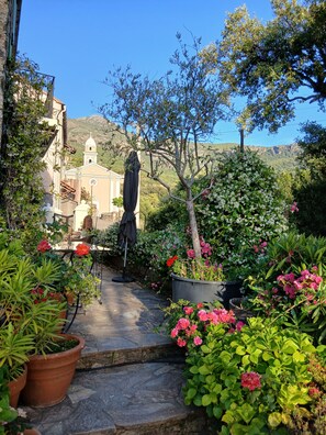 A stone pathway leading to a building with a dome, surrounded by lush greenery and flowering plants.