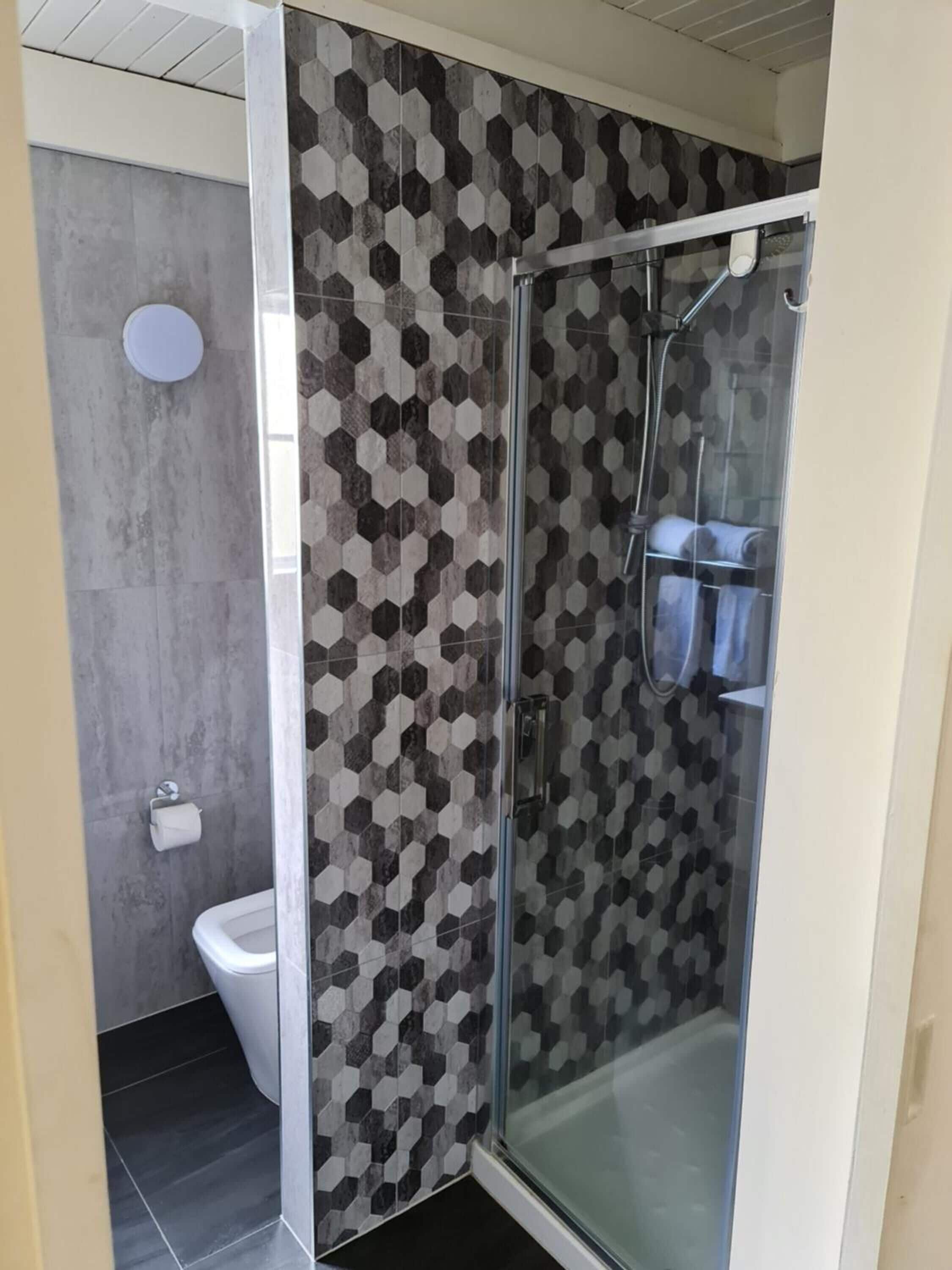 Un bagno moderno con doccia vetrata, un water e una parete rivestita di piastrelle esagonali decorate.
