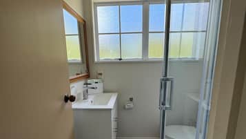 A bathroom with a wooden floor, a white sink, a toilet, and a glass shower enclosure.