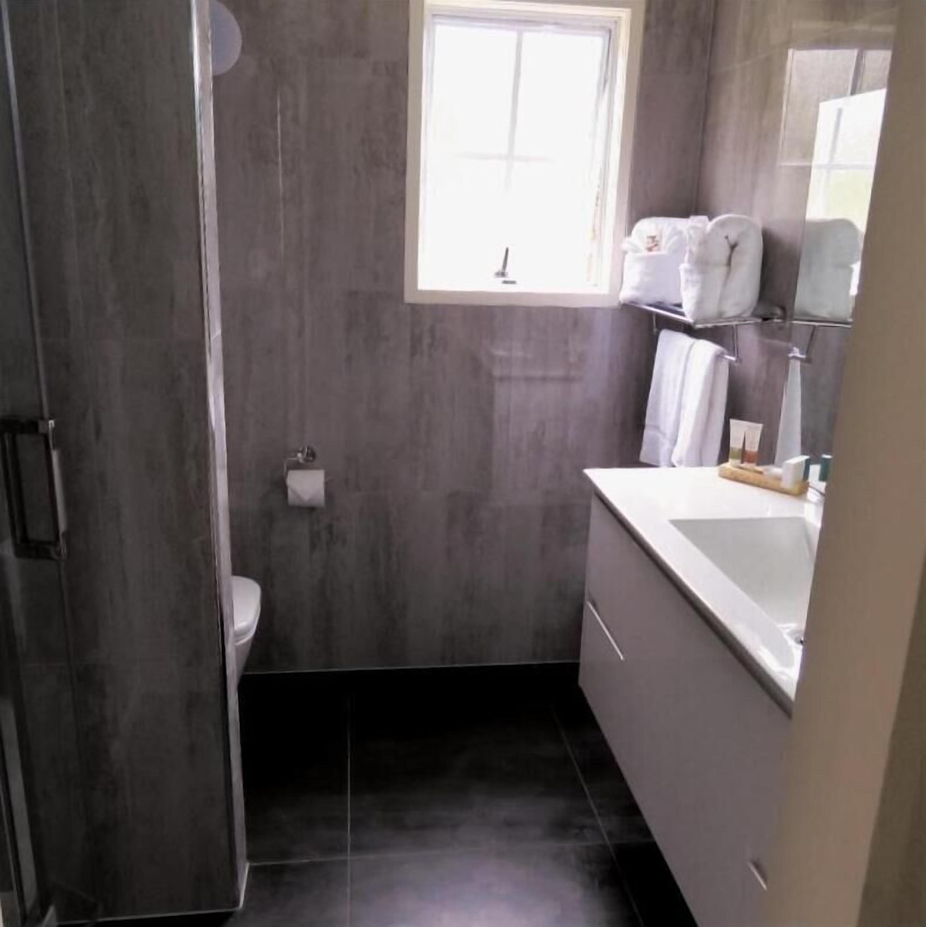 A bathroom with a toilet, a sink, and a window.