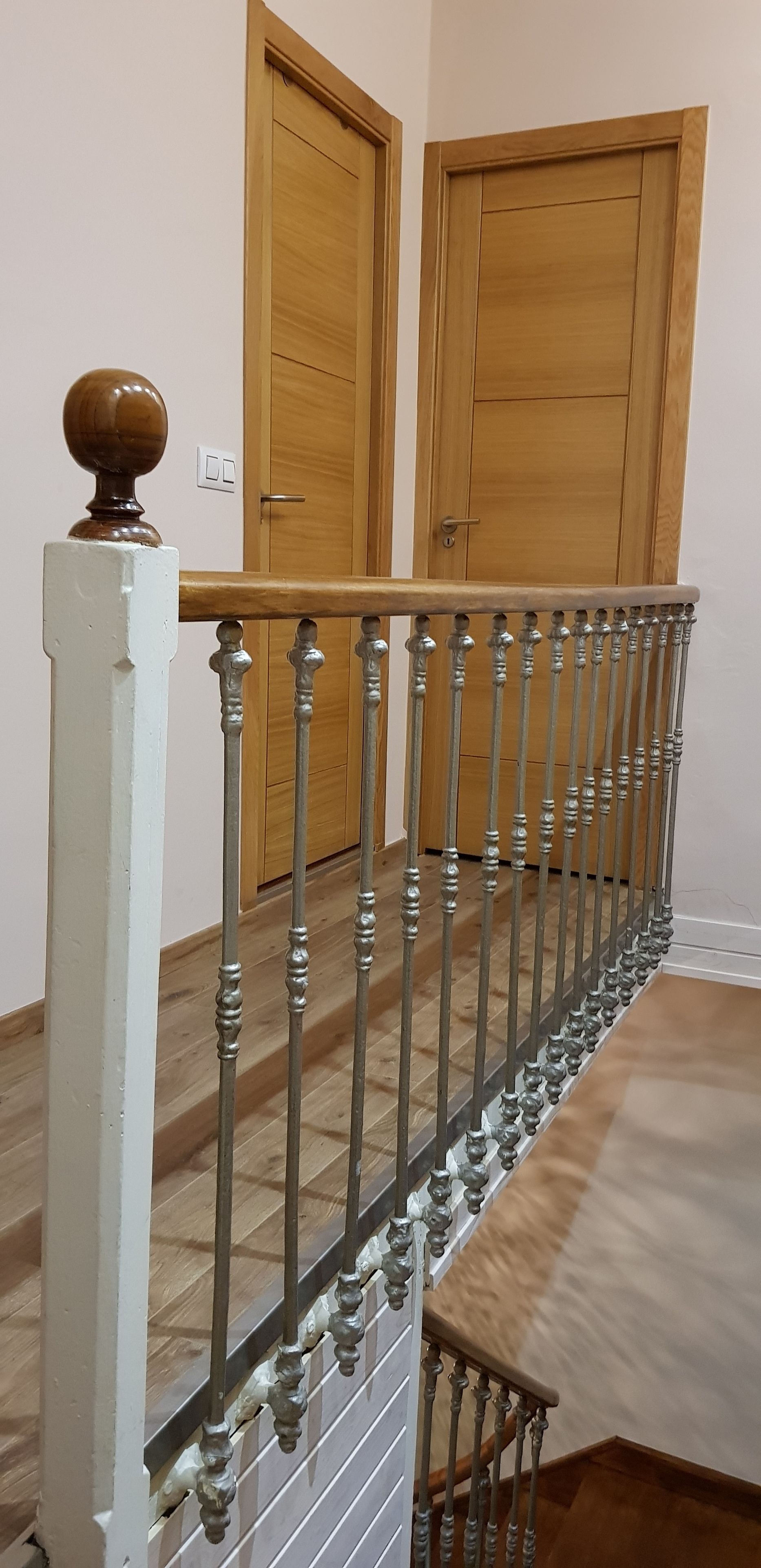 Un escalier avec une rampe en métal et des portes en bois en arrière-plan.