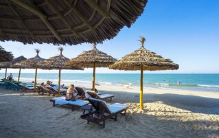 Una playa con sombrillas de paja y sillas de descanso.