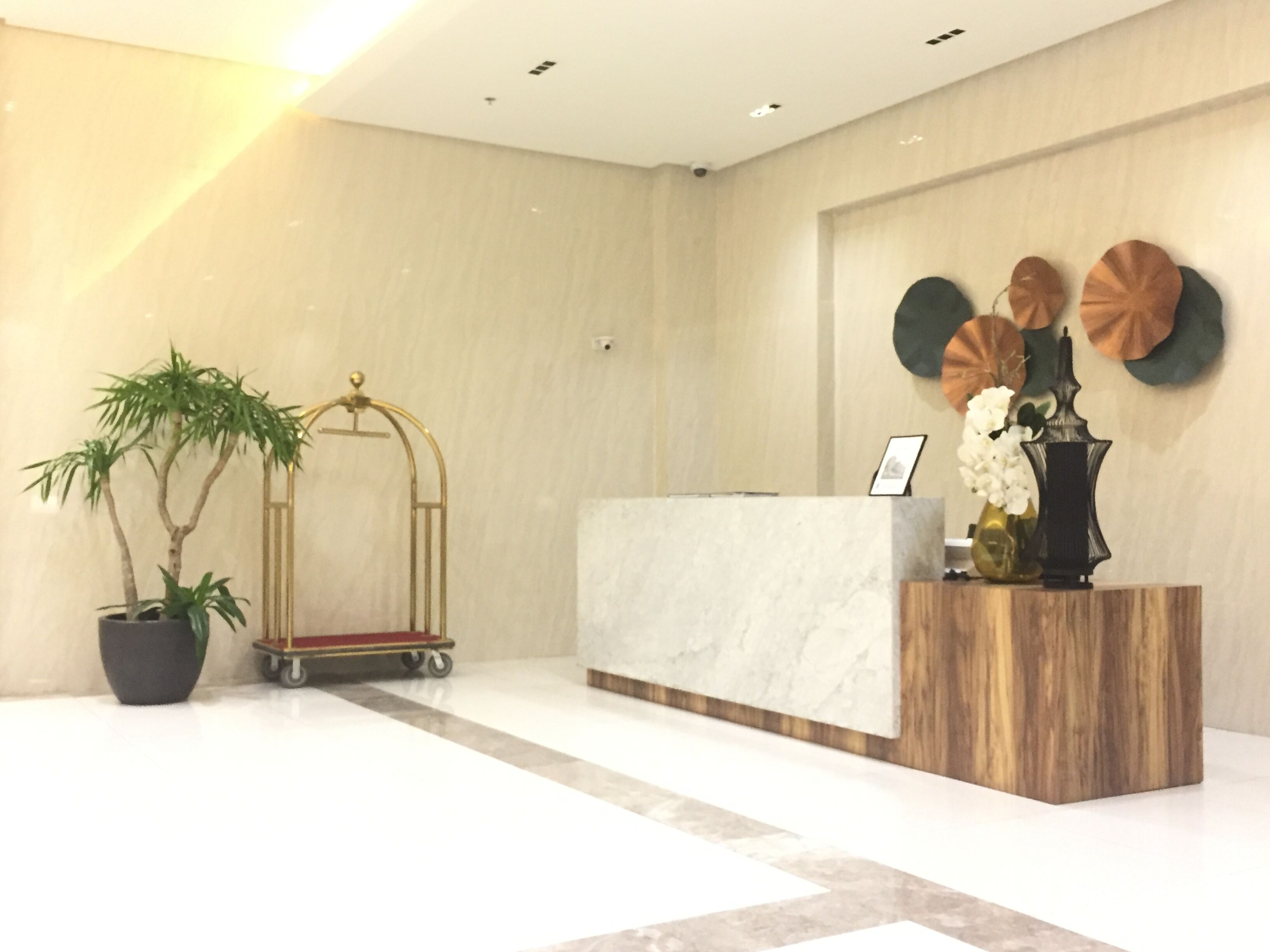Un mostrador de recepción con encimera de mármol, una planta en maceta, un carrito con marco dorado y decoración en la pared.