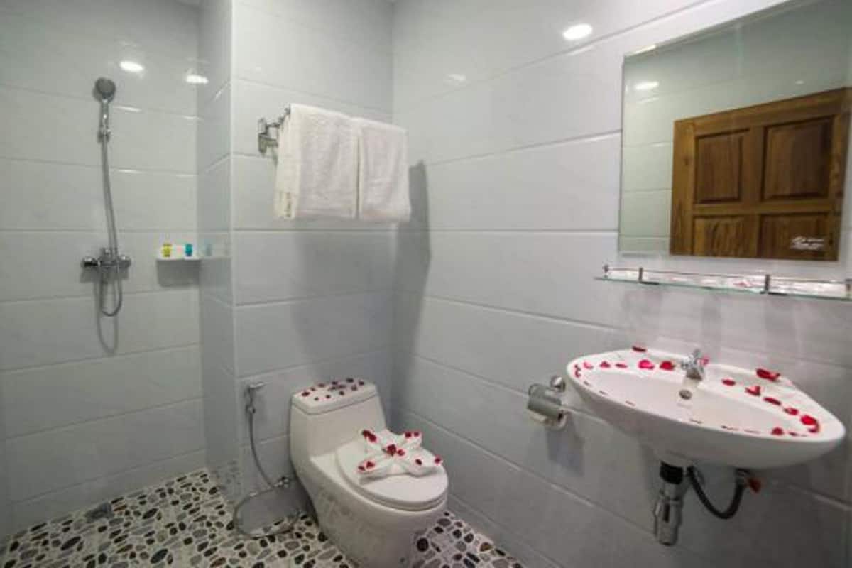 Une salle de bain avec douche, toilettes et lavabo.