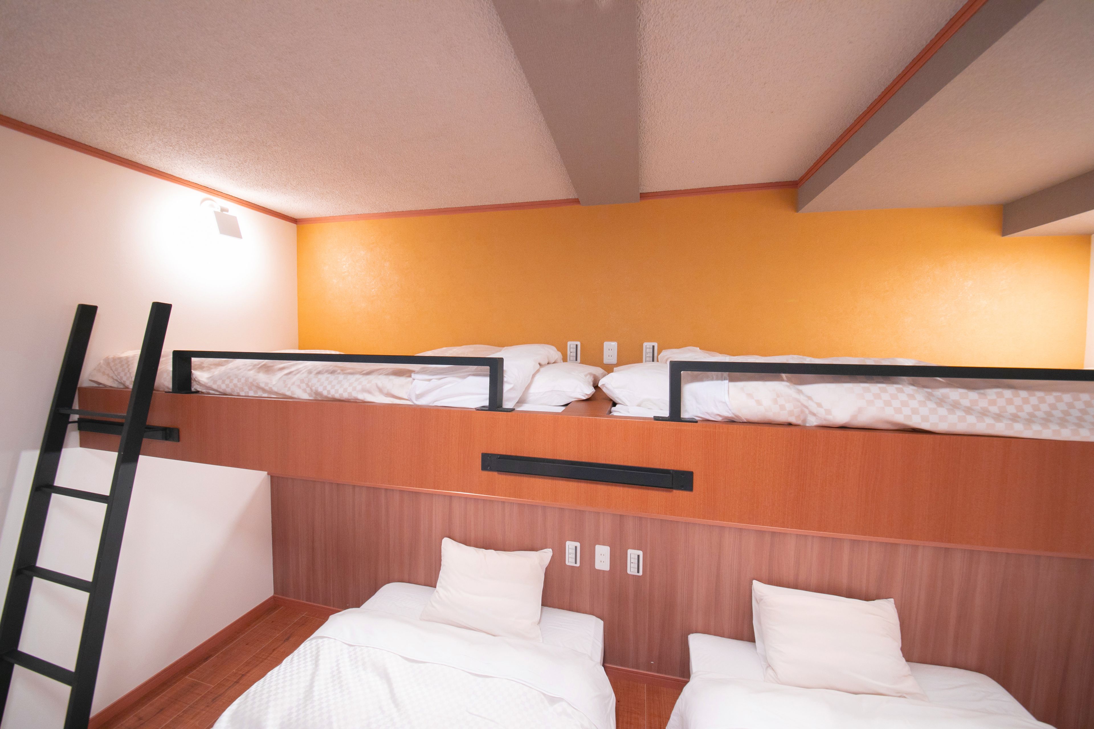A bunk bed room with wooden headboard, a ladder, and a single bed below.