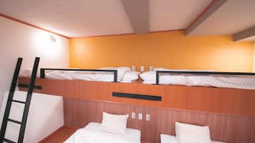 A bunk bed room with wooden headboard, a ladder, and a single bed below.