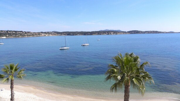 A beach with clear blue water, a few sailboats, and palm trees.